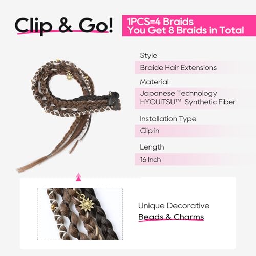 REECHO Clip in Braid Hair Extensions for Women, 16" Boho Dreadlock Clip in Braids with Beads & Charms, 2PCS Handmade Synthetic Braided Hairpieces for Cosplay Daily Styling, Light Brown Mix - color: Light Brown Mix, size: 16 Inch