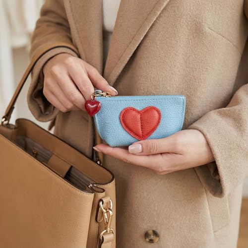 Red Heart Design Small Coin Purse - Cute Compact Keychain Change Purse Soft Leather Wallet with Zipper for Women (Light Blue) - color: Light Blue
