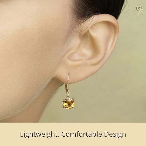 14k White or Yellow Gold Cushion Cut Gemstone Dangle Earrings for Women with 8mm Birthstones by MAX + STONE - color: Citrine