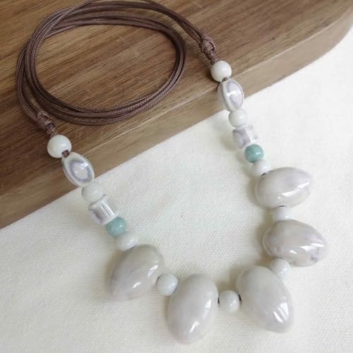 Boho Round Colorful Ceramic Beaded Necklace, Adjustable Hippie Statement Necklace, Handmade Ethnic Jewelry Gift for Women - color: White