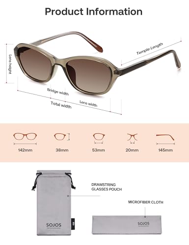SOJOS Retro Oval Sunglasses for Women Trendy Cat Eye Narrow Chic Y2K 90s Sunnies SJ2685 - color: Transparent Taupe/Greyish-brown Grading