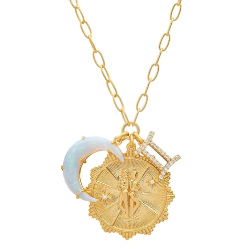 Dainty Gold Zodiac Embossed Coin Opal Crescent Moon Charm Necklace for Women Trendy 18K Gold Plated Retro Paperclip Chain 12 Constellation Horoscope Necklaces Astrology Jewelry Gifts - style: 3.GEMINI (MAY 21-JUN 20)