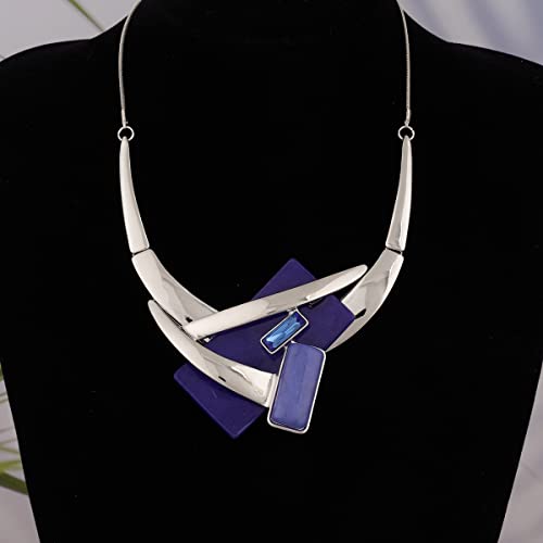Vintage Chunky Statement Jewelry Set Retro Leaf Floral Geometric Bohemian Boho Bib Necklace Earring Set Fashion Costume Jewelry for Women Girls Wedding Party Prom Unique Gift - style: rectangle-blue