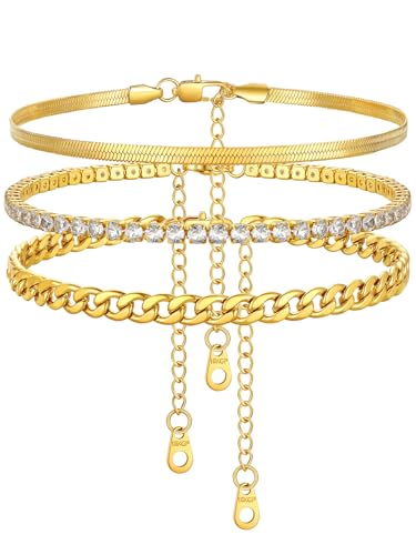FindChic Black/Silver/Gold Plated Anklets Set of 2PCS/3PCS Herringbone Chain Cuban Link Heart Charm Sparkling Tennis Ankle Bracelets, Waterproof Summer Foot Jewelry for Beach - color: 06. Gold-3PCS Herringbone & Tennis & Cuban