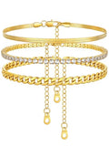 FindChic Black/Silver/Gold Plated Anklets Set of 2PCS/3PCS Herringbone Chain Cuban Link Heart Charm Sparkling Tennis Ankle Bracelets, Waterproof Summer Foot Jewelry for Beach - color: 06. Gold-3PCS Herringbone & Tennis & Cuban