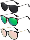 WOWSUN Retro Polarized Sunglasses Womens Trendy Round Classic Glasses - color: 3 Pack: Black+green Lens Leopard Frame+pink Lens Black Frame