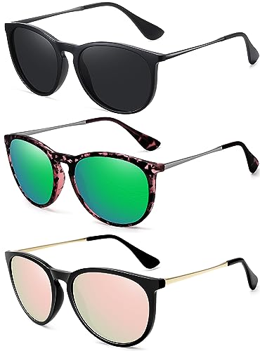 WOWSUN Retro Polarized Sunglasses Womens Trendy Round Classic Glasses - color: 3 Pack: Black+green Lens Leopard Frame+pink Lens Black Frame