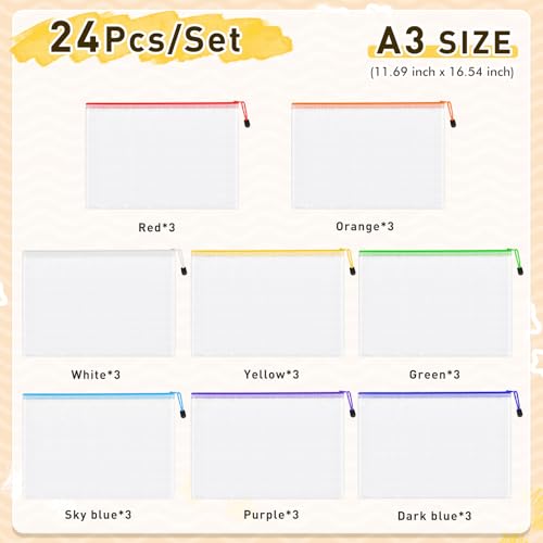 24pcs Mesh Zipper Pouch Bags, A3 Large Size 8 Colors Plastic Zipper Bags for Organizing Storage, Clear Pouches with Zipper, Waterproof Mesh Bags for School Supplies, Home Organize, Travel Storage - style: A3-24pcs