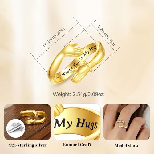 Vito 925 Sterling Silver Adjustable Open Spoon Ring for Women Men, Lotus Sunflower Snake Spoon Band Rings Feather Hug Witches Knot Inspirational Jewelry Gift for Wife - style: hug ring-golden