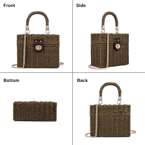 Handwoven Rattan Bag for Women Wicker Crossbody Shoulder Bag Straw Beach Tote Bag Top Handle Satchel Handbag with Chain Strap - color: Dark Brown