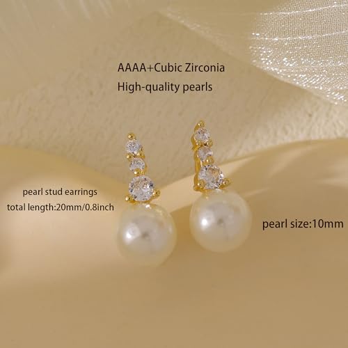 Pearl Earrings for Women, Dainty Wedding Bridal Earrings 14k Gold Plated CZ Pearl Drop Earrings for Women Trendy Hypoallergenic Unique Gold Drop Earrings Fashion Prom Jewelry - color: Gold-G