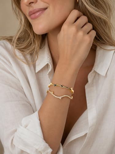 Gold Cuff Bracelets for Women, 14K Gold Plated Open Cuff Bangle Bracelet with CZ Pave, Minimalist Stackable Chunky Gold Bracelet for Women - color: Gold CZ Clasp 2-Piece