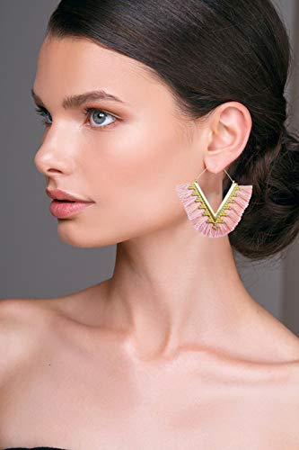 Tassel Hoop Earring Statement Thread Dangle Earrings Stylish Long Fringe Drop Earrings Lightweight Long Swingy French Hook Earrings for Women - color: A Pink