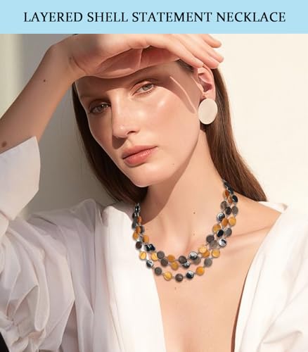 Noessla Layered Beaded Chunky Necklace for Women Boho Two-color Shell Statement Necklace Fashion Collar Costume Jewelry Gifts for Mum - color: Brown