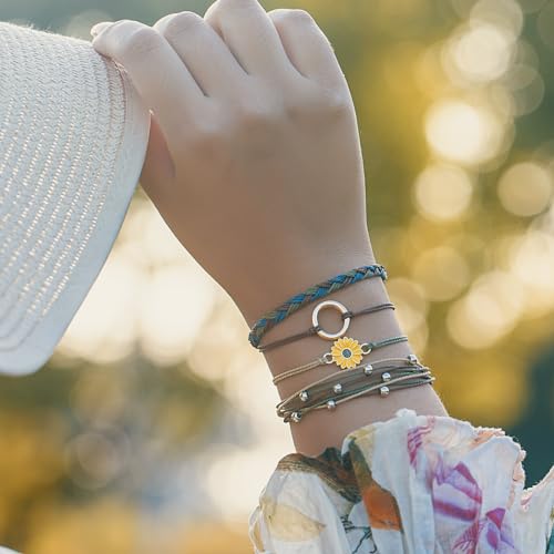 FANCY SHINY Easter Gifts Basket Stuffers Sunflower String Bracelet Boho Braided Rope Wrap Bracelets Cute Summer Beach Surfer Jewelry for Women - color: Neutral