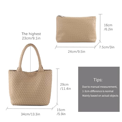Hand Woven Bag Tote BagS For Women Top Handle Shoulder Vegan Leather Large Travel Beach Hobo Handbag - color: Apricot