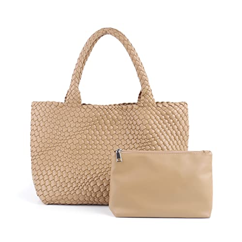 Woven Tote Bag Womens Purse Vegan Leather Shoulder Handbags Fashion Summer Beach Tote Bags Large Travel Totes - color: Apricot