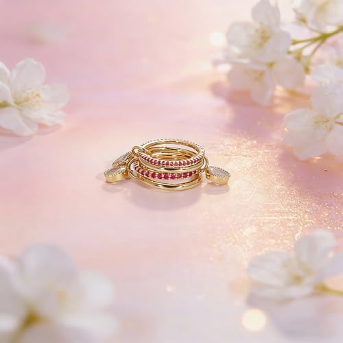 COLOYAN 14k Gold Plated Stackable Interlocking Rings for Women Non Tarnish | Durable Beautiful Cubic Zirconia Ring, Oval Rhinestone Drop Ring, Multi Stacking Ring Jewelry Gift Vacation, Party, Date - color: Pink, size: 6