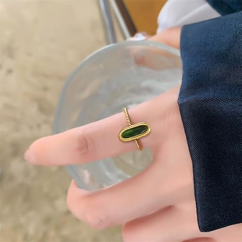 18K Gold Plated Adjustable Twisted Rings for Women Non Tarnish Oval Czech Glass Stone Stainless Steel Statement Rings Open Gemstone Boho Stackable Band Jewelry - color: Green