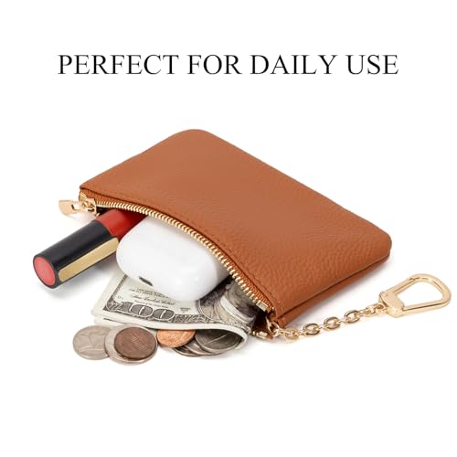 Full Grain Leather Coin Purse with Key Chain - Small Change Purse Keychain Card Holder Keychain Pouch Small Keychain Wallet for Women and Men (Brown, Large Size) - color: Brown, Large Size