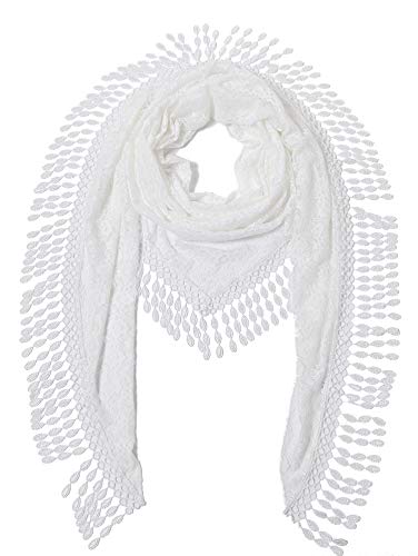 Cindy & Wendy Floral Embroidered Lace Triangle Scarf for Women - color: White-8xh