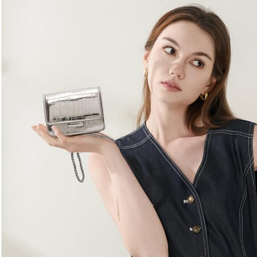 Small Crossbody Purse Bag for Women，Y2K Cute Metallic Croc-Embossed Handbag with Chain Strap - color: Mini Silver