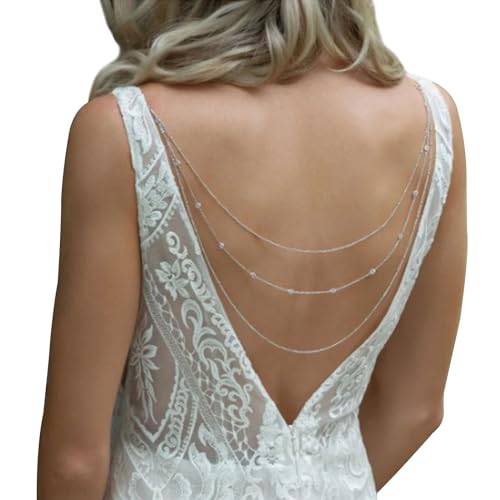 Wedding Multi-layered Rhinestone Back Chain Necklace Layered Bridal Crystal Back Chain Jewelry Festival Rave Rhinestone Backdrop Jewelry Dress Shoulder Body Chain Jewelry for Women - color: Tassel-silver