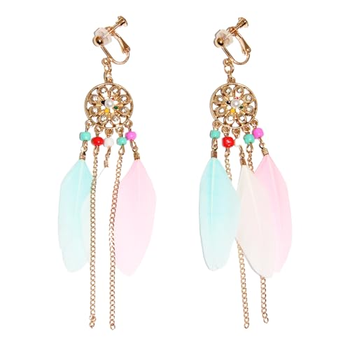Clip on Tassel Dangle Earrings for Boho Women, Non Pierced, Colorful Feather Handmade Beads Fashion Vintage Fringe Jewelry for Parties Weddings Festivals Trendy Statement Earrings for Bohemian - color: Pink B