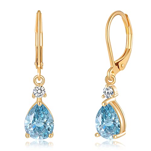 CiNily Teardrop Leverback Dangle Earrings for Women Hypoallergenic 14K Gold Plated Cubic Zircon Drop Earrings Fashion Crystal Earrings for Girls Jewelry Christmas Gifts - color: Gold-Blue CZ