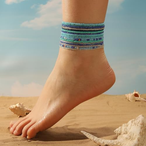 Fuqimanman2020 18Pcs Boho Stackable Beaded Bracelets for Women Colorful Handmade Multilayered Rice Beads Anklets Set Summer Beach Bohemian Jewelry Gift - color: Style 1 Green