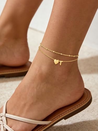 Silvora Ankle Bracelets for Women Waterproof 14K Gold/Silver/Black Initial Anklet for Women Dainty Layered Heart Ankle Bracelets Stainless Steel Adjustable Foot Chain Anklet Summer Beach Jewelry - color: Gold-14K Gold Plated, size: 20.T