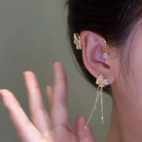Butterfly Ear Cuff Earrings Sparkly Silver Butterfly Flower Tassle Ear Wrap Earrings Fairy Right Left No Piercing Ear Clip On - color: A-Flower,Silver