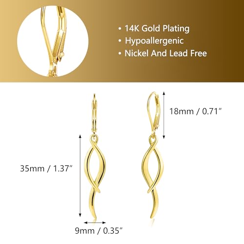 ALEXCRAFT Twisted Silver Dangle Earrings, Hypoallergenic Elegant Lightweight 14k Gold Plated Long Brushed Twisted Tassel Dangling Drop Leverback Earrings for Women Trendy Statement Jewelry in Box - color: Gold