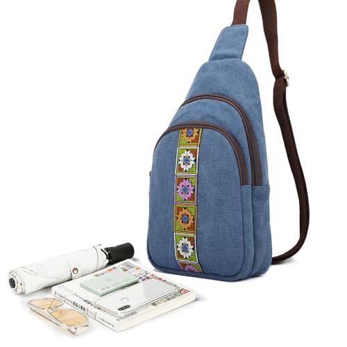 SILKAREA Canvas Sling Bag for Wome Crossbody Purse Small Sling Backpack Purse Travel Hiking Chest Bag Daypack - color: Navy Blue