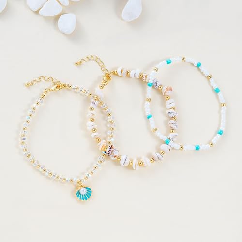 RISHEGAE Shell Anklet Bracelets for Women 14K Gold Plating Boho Bead Anklet Adjustable Womens Anklets Stretch Summer Beach Shell Drawstring Starfish Daisy Anklets Accessories Jewelry Gifts
