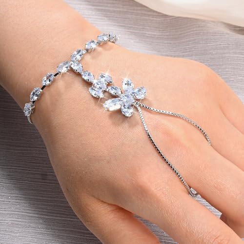 Adjustable Hand Chain Bracelet Women, 16K Gold Plated Finger Bracelet, Secure Ball Clasp Elegant Slave Hand Jewelry, Y2K Aesthetic Accessories for Summer Festival Prom Beach Vacation Daily Wear - color: style7-16K silver-plated