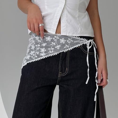 Women Y2K Lace Fringe Hip Scarf Boho Triangle Tassel Waist Cover Up Skirt Wrap Sheer Tie Belt Aesthetic Streetwear - color: J White