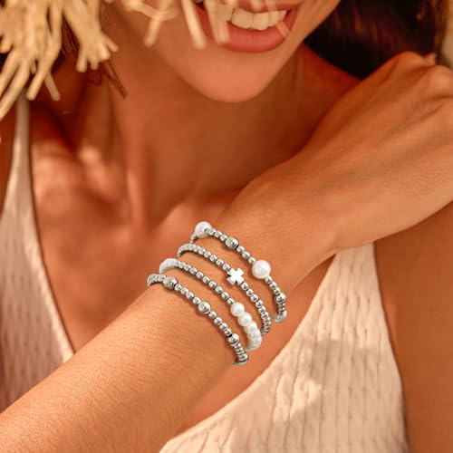 VIBILIA Gold Beaded Bracelets Set for Women 14K Gold Plated Dainty Pearl Cross Bracelet Stack Stretch Bracelet Set Fashion Accessories Gifts - color: 4P-#05-BK-Silver