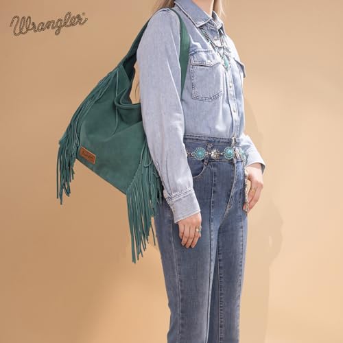 Wrangler Fringe Suede Hobo Bag for Women Leather Western Fringe Purse Tassel Hippie Shoulder Bag - color: Turquoise