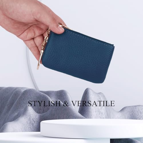 Full Grain Leather Coin Purse with Key Chain - Small Change Purse Keychain Card Holder Keychain Pouch Small Keychain Wallet for Women and Men (Navy Blue), LA-2312 - color: Navy Blue, Regular Size
