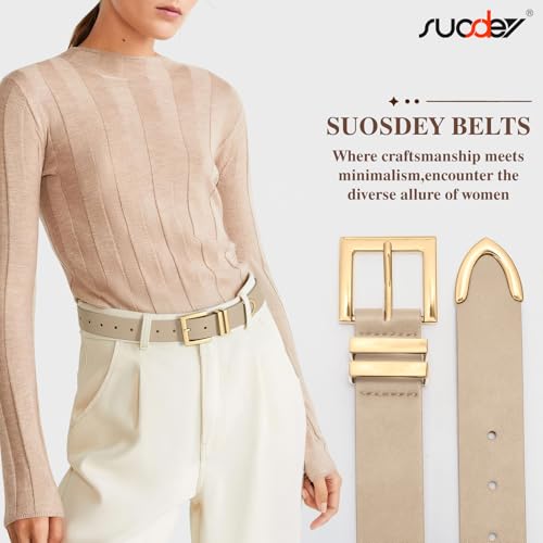 SUOSDEY Plus Size Women's Leather Belts for Jeans Pants Dress Fashion Women Waist Belt with Gold Buckle - color: Beige, size: Fit waist size 26''-33''
