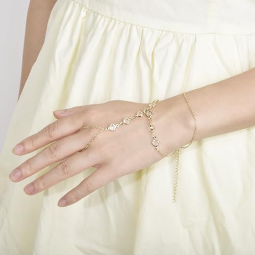 Hand Chain Bracelet Stainless Steel Finger Ring Bracelet Adjustable Gold Plated Hand Chain CZ Stackable Boho Minimalist Jewelry for Women - color: Gold Hand Chain Bracelet AN143G