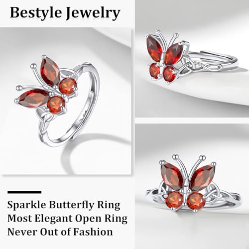 Bestyle 925 Sterling Silver Butterfly Ring Hypoallergnic Adjustable Birthstone Rings for Women Butterfly Jewelry Gifts for Anniversary Mothers' Day Birthday - color: 07.July(Ruby)-Ring