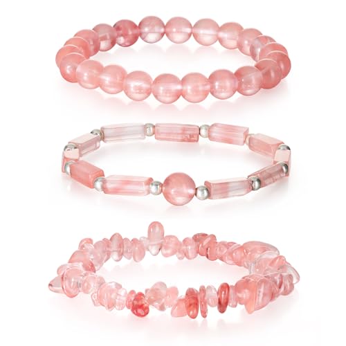 3Pcs Natural Stone Bracelets for Women 8mm Crystal Beaded Bracelets Handmade Stretch Bracelet Healing Crystal Jewelry for Women - style: Watermelon Cherry Quartz