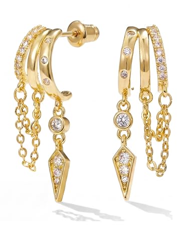 MUMREUES Gold Earrings for Women Trendy 14K Gold Plated Dangle Earrings Small Hoop Huggie Drop Stud Earrings Cubic Zirconia Simple Minimalist Dainty Chain Tassel Hypoallergenic Earrings - color: Chain & Gold