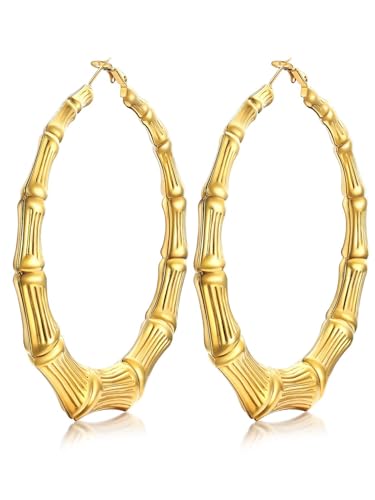 KeyStyle Bamboo Hoop Earrings for Women, Stainless Steel 90s Hoops Earring Lightweight Loops for Party, 2 mm Thick Hypoallergenic Vintage Circle Endless Thin Hoop (40mm, 60mm, 80mm,) - color: 14K Plated Gold-80mm