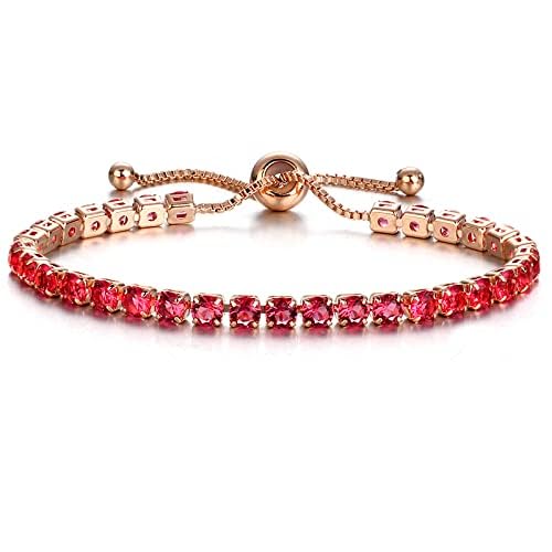 CiNily Adjustable Tennis Bracelets for Women Teen Girls Rainbow Cubic Zirconia Bracelet 14K White Gold Plated Hypoallergenic Slider Bracelet Jewelry Gift - color: Adjustable bracelet-rose gold+red
