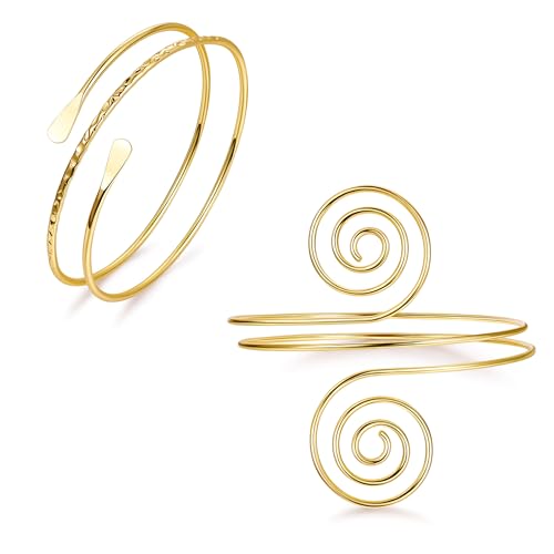 2Pcs Arm Cuff Gold Upper Arm Cuff for Women Adjustable Upper Arm Bracelets Open Irregular Arm Bangle Minimalist Coil Swirl Armlets Armband Jewelry - style: styleF gold