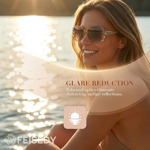 FEISEDY Polarized Women Square Sunglasses Sparkling Composite Shiny Frame B2289 - color: 3 Champagne