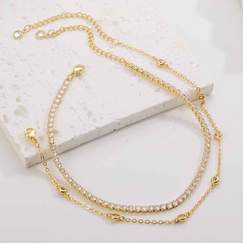 RLMOON Gold Silver Anklets for Women CZ Ankle Bracelet 14K Gold Plated Waterproof Layered Stackable Clover Butterfly Tennis Chain Anklet Trendy Summer Beach Foot Jewelry - color: D-CZ&Tennis Anklet-Gold